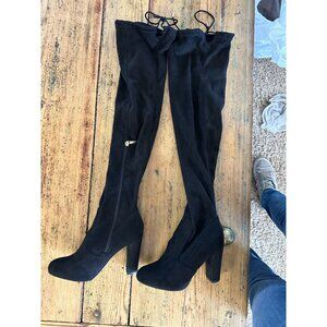Bamboo Womens Black Above the Knee‎ Boots 7 suede zipper lace closure high boots